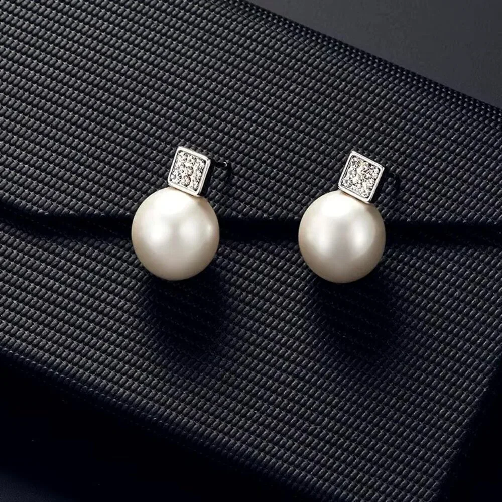 2 PCS Faux Pearl Pendant Women Necklace Earring Stud Set Silver Jewelry Set